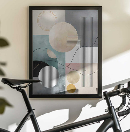Pastel Geometry Collage by Miguel Bruzual, black-framed artwork above a bicycle; pale circles, teal blocks and fine black line patterns in a layered collage.