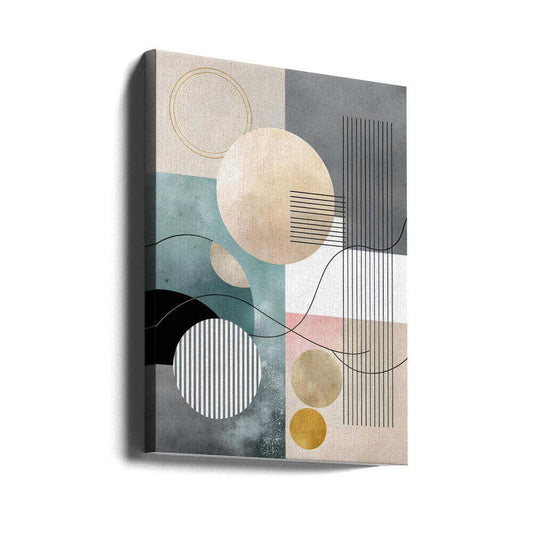 Pastel Geometry Collage by Miguel Bruzual, gallery-wrapped canvas viewed at an angle; pale circles, teal blocks and fine black line patterns in a layered collage.