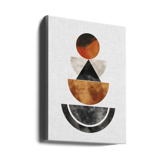 Perfectly Balanced by SHANDU, gallery-wrapped canvas viewed at an angle; a warm red disc above stacked cream, bronze-toned and black geometric bowls.