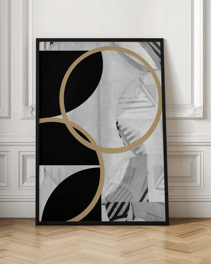 Wall art Black and White Stripes Gold Spheres No1