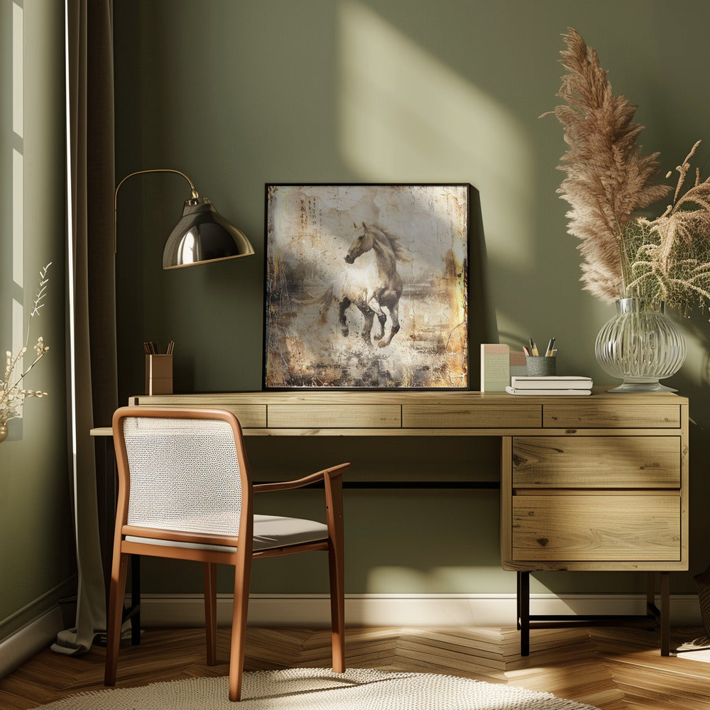 Sample white horses with dusty effect and black frame