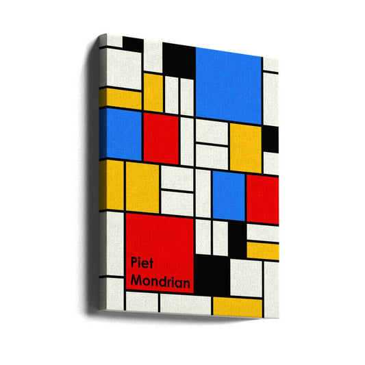 Piet Mondrian by jay stanley, gallery-wrapped canvas viewed at an angle; red, blue and yellow rectangles divided by a black grid.