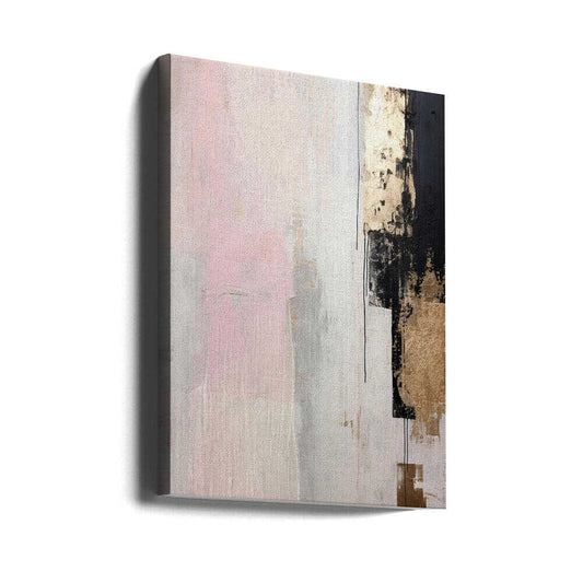 Pink abstraction by Sally Ann Moss, gallery-wrapped canvas viewed at an angle; pale pink abstraction beside black and gold-toned brush marks.
