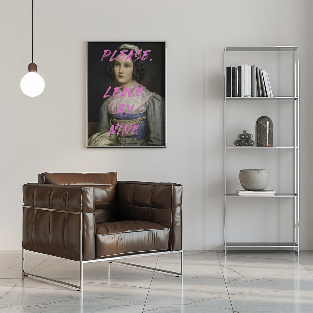 Please, Leave By Nine by The Art Concept — canvas above a brown leather chair