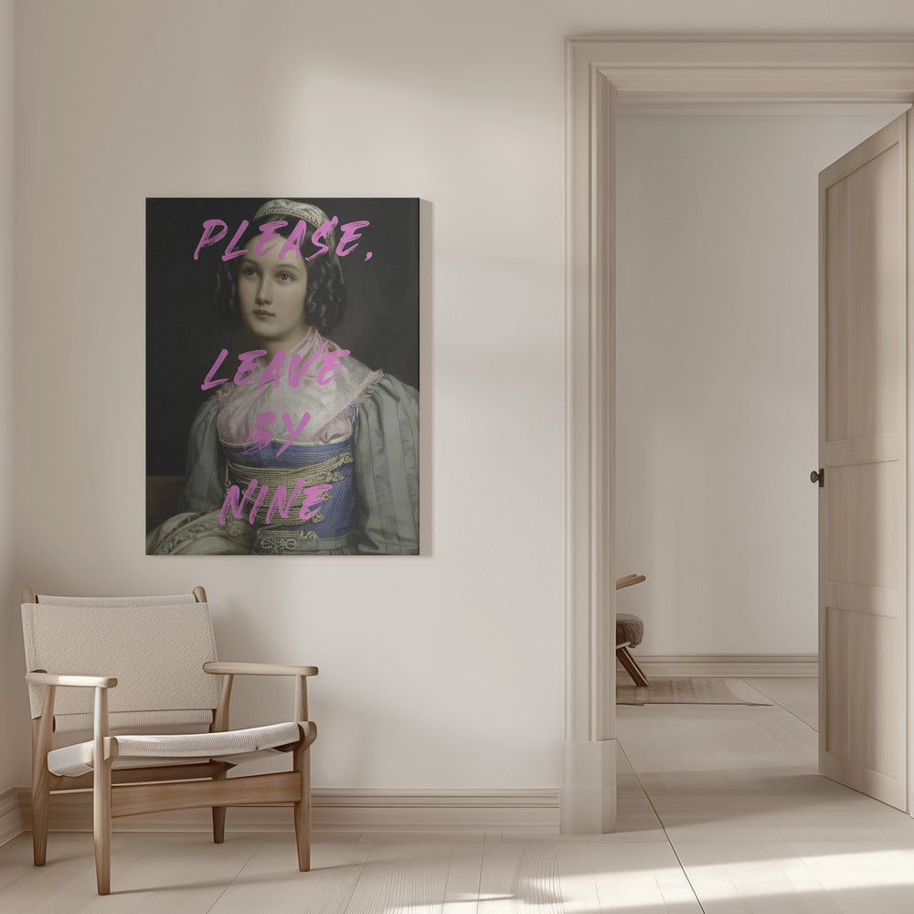 Please, Leave By Nine by The Art Concept — canvas above a wooden chair by a doorway