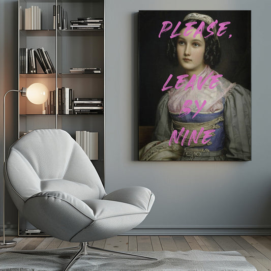 Please, Leave By Nine by The Art Concept — canvas beside a gray reading chair
