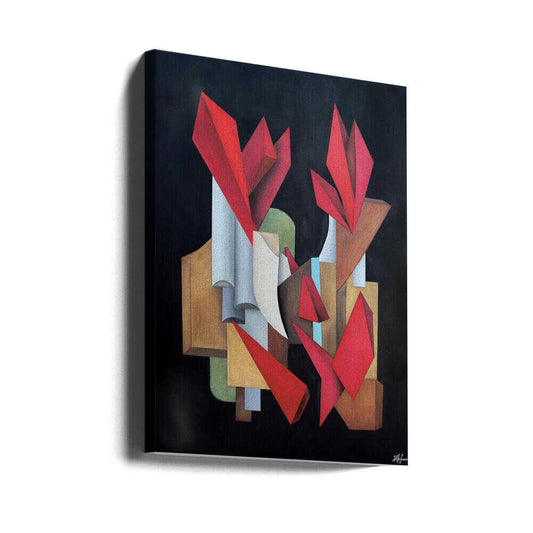 Plenty of Opportunities by Alexander Trifonov, gallery-wrapped canvas viewed at an angle; red folded forms with pale tubes and warm geometric blocks.