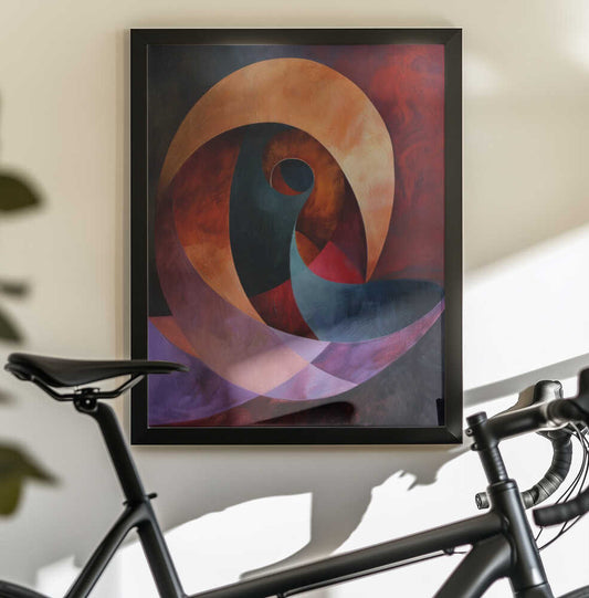 Poster 2024 14 by Bilge Paksoylu, black-framed artwork above a bicycle; a broad peach and orange spiral curling around teal, red and purple inner forms.