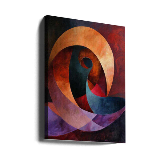 Poster 2024 14 by Bilge Paksoylu, gallery-wrapped canvas viewed at an angle; a broad peach and orange spiral curling around teal, red and purple inner forms.