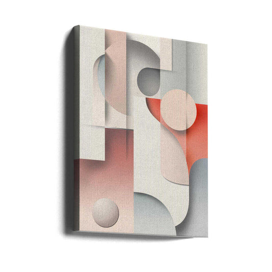 Poster Abstraction Art 005 by Rafal Kulik, gallery-wrapped canvas viewed at an angle; soft pink and gray curved planes with floating circles and coral accents.
