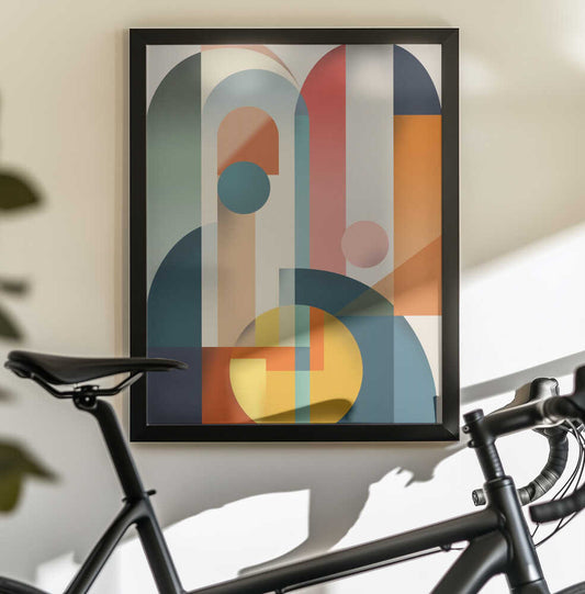 Poster Abstraction Art 006 by Rafal Kulik, black-framed artwork above a bicycle; interlocking arches and circles in teal, orange, cream and muted pink.