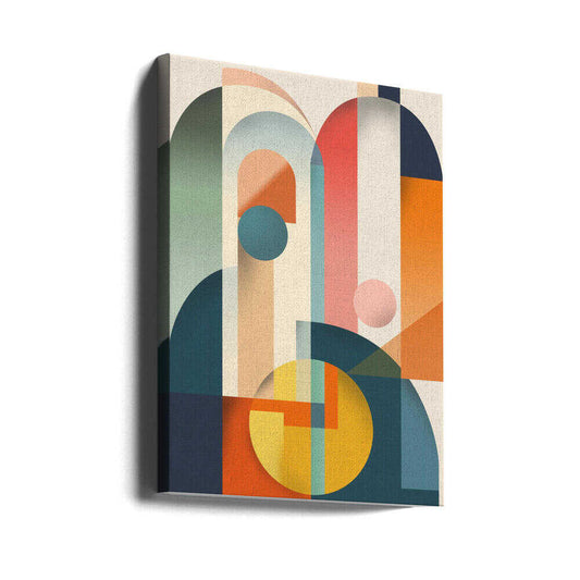 Poster Abstraction Art 006 by Rafal Kulik, gallery-wrapped canvas viewed at an angle; interlocking arches and circles in teal, orange, cream and muted pink.