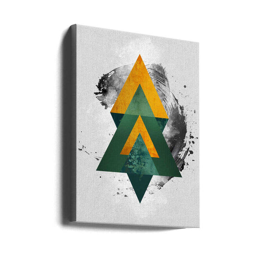 Poster Abstraction Art 011 by Rafal Kulik, gallery-wrapped canvas viewed at an angle; stacked green and gold-toned triangles over a loose black circular brush mark.