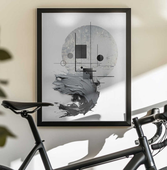 Posterart009 by Rafal Kulik, black-framed artwork above a bicycle; gray circular geometry above sweeping black brush forms.