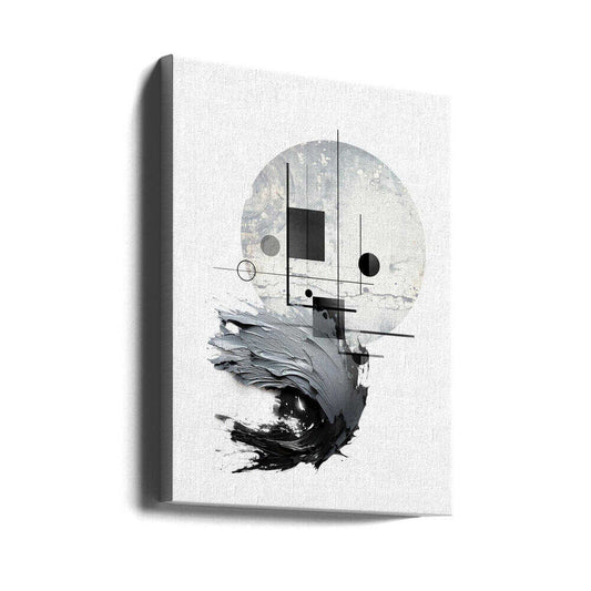 Posterart009 by Rafal Kulik, gallery-wrapped canvas viewed at an angle; gray circular geometry above sweeping black brush forms.