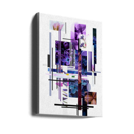 Potassium by Pelin Atilla, gallery-wrapped canvas viewed at an angle; purple and blue flower fragments layered with narrow geometric bars on white.