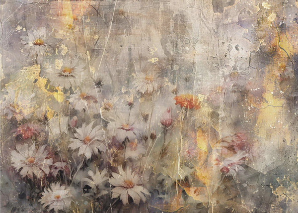 Vinatage Daisy Field 36" X 24" Floral Art Illustration Varnished Canvas Print