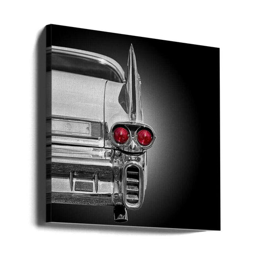 Red Lights by Roland Weber, gallery-wrapped canvas viewed at an angle; the chrome rear corner and tall tailfin of a vintage car with two red taillights.