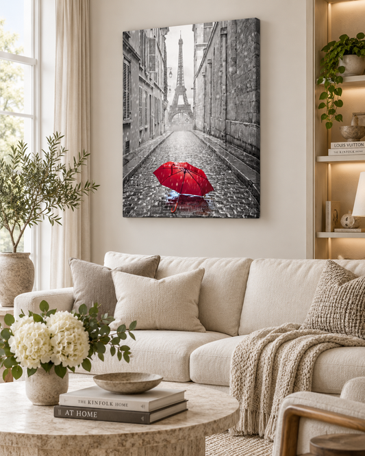 Red Paris Umbrella | Black & White City Photography Canvas Print — canvas above a sofa