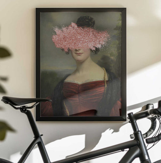 Renaissance Sparkle Splash - Altered Art by The Art Concept — black-framed canvas displayed behind a bicycle