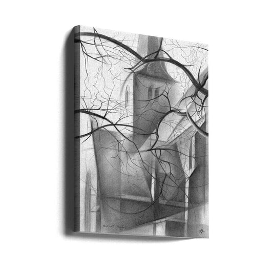 Rijswijk - 04-12-15 by Corné Akkers, as a gallery-wrapped canvas, viewed at an angle; a monochrome tower and buildings seen through bare tree branches.