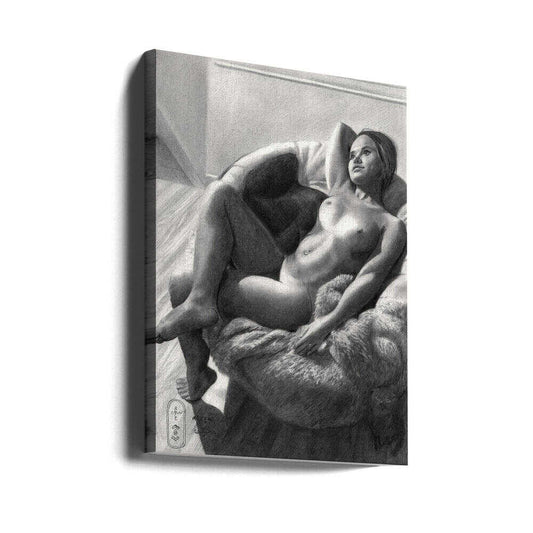 Risque - 05-05-22 by Corné Akkers, gallery-wrapped canvas viewed at an angle; a reclining figure in a textured armchair rendered in detailed grayscale shading.