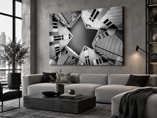 Rotterdam Cube Houses | Canvas Print | Architectural Black & White Photography — canvas above a sofa