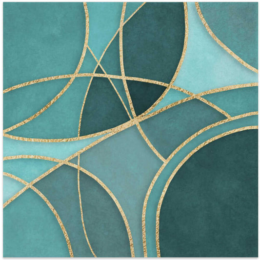 Round Abstracts Turquoise Gold by Andrea Haase, front view of the artwork; turquoise curved shapes crossed by gold-toned arcs.