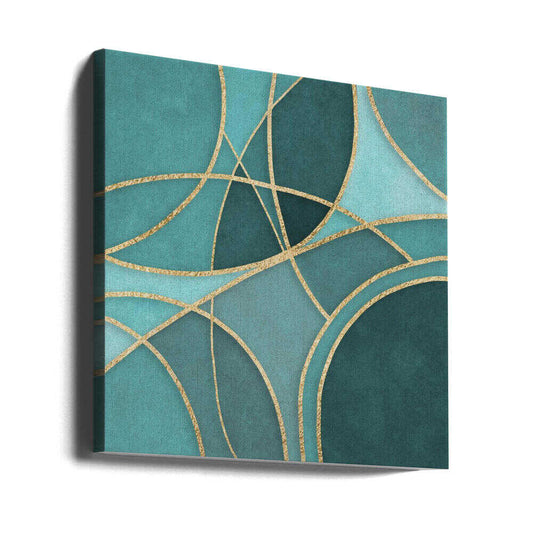 Round Abstracts Turquoise Gold by Andrea Haase, gallery-wrapped canvas viewed at an angle; turquoise curved shapes crossed by gold-toned arcs.
