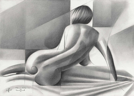 Roundism - 04-06-18 by Corné Akkers, front view of the artwork; a seated figure seen from behind with rounded forms and diagonal light in grayscale.