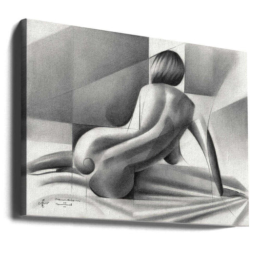 Roundism - 04-06-18 by Corné Akkers, gallery-wrapped canvas viewed at an angle; a seated figure seen from behind with rounded forms and diagonal light in grayscale.