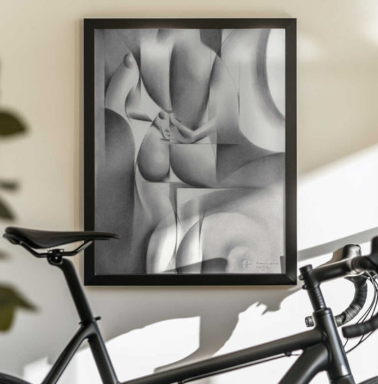 Roundism - 04-07-17 by Corné Akkers, black-framed artwork above a bicycle; a cropped figure with clasped hands and rounded geometric forms in grayscale.