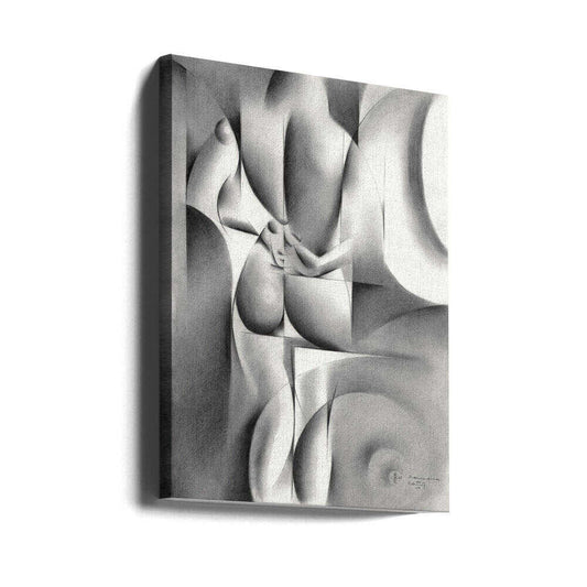 Roundism - 04-07-17 by Corné Akkers, gallery-wrapped canvas viewed at an angle; a cropped figure with clasped hands and rounded geometric forms in grayscale.