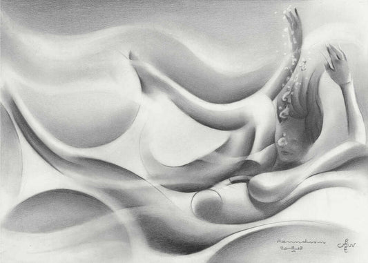 Roundism - 10-03-18 by Corné Akkers, front view of the artwork; a horizontal figure merging with broad wave-like gray and white forms.