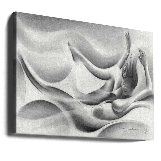 Roundism - 10-03-18 by Corné Akkers, gallery-wrapped canvas viewed at an angle; a horizontal figure merging with broad wave-like gray and white forms.