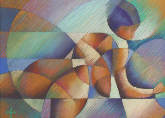 Roundism - 10-05-17 by Corné Akkers, front view of the artwork; a seated figure fragmented into curved orange, purple and teal geometric planes.