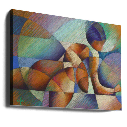 Roundism - 10-05-17 by Corné Akkers, gallery-wrapped canvas viewed at an angle; a seated figure fragmented into curved orange, purple and teal geometric planes.
