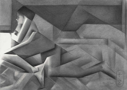 Roundism - 10-08-20 by Corné Akkers, front view of the artwork; a reclining figure constructed from angular gray planes and sharp-edged folds.
