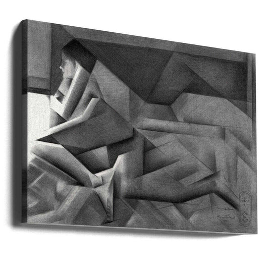 Roundism - 10-08-20 by Corné Akkers, gallery-wrapped canvas viewed at an angle; a reclining figure constructed from angular gray planes and sharp-edged folds.