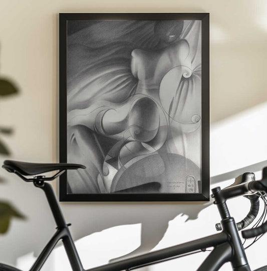 Roundism - 11-01-20 by Corné Akkers, black-framed artwork above a bicycle; an abstract reclining figure among flowing folds and rounded grayscale shapes.