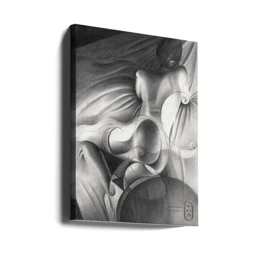 Roundism - 11-01-20 by Corné Akkers, gallery-wrapped canvas viewed at an angle; an abstract reclining figure among flowing folds and rounded grayscale shapes.