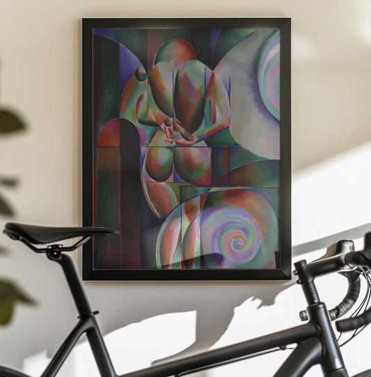 Roundism 11-02-18 by Corné Akkers, black-framed artwork above a bicycle; a bowed figure with clasped hands surrounded by jewel-toned curves and a lower spiral.