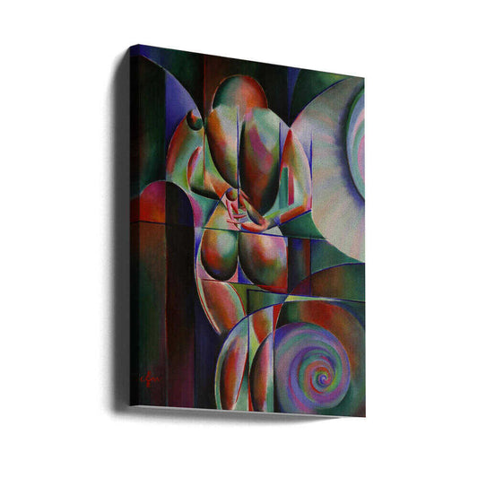 Roundism 11-02-18 by Corné Akkers, gallery-wrapped canvas viewed at an angle; a bowed figure with clasped hands surrounded by jewel-toned curves and a lower spiral.