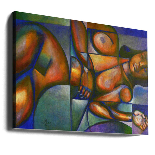 Roundism 12-05-18 by Corné Akkers, gallery-wrapped canvas viewed at an angle; a reclining figure in warm orange planes crossed by blue and green curved divisions.