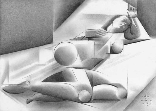 Roundism - 12-06-18 by Corné Akkers, front view of the artwork; a reclining figure built from pale geometric planes on a shaded horizontal surface.