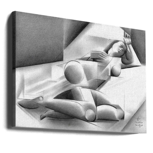 Roundism - 12-06-18 by Corné Akkers, gallery-wrapped canvas viewed at an angle; a reclining figure built from pale geometric planes on a shaded horizontal surface.