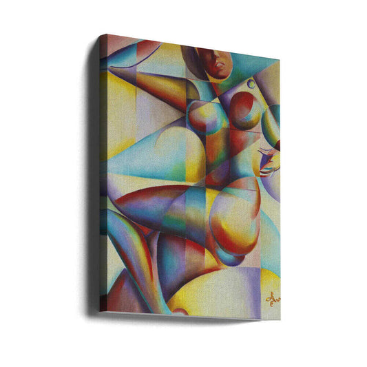 Roundism - 13-03-18 by Corné Akkers, gallery-wrapped canvas viewed at an angle; a figure modeled in yellow, turquoise and warm curved geometric color fields.