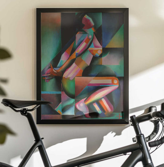 Roundism 20-02-18 by Corné Akkers, black-framed artwork above a bicycle; a seated figure divided into bright geometric bands against teal and dark blocks.