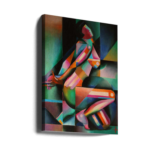 Roundism 20-02-18 by Corné Akkers, gallery-wrapped canvas viewed at an angle; a seated figure divided into bright geometric bands against teal and dark blocks.