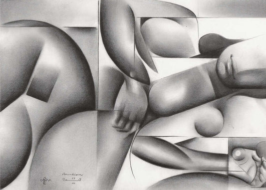 Roundism - 22-03-18 by Corné Akkers, front view of the artwork; a reclining figure and detailed hand interwoven with rounded geometric shapes.